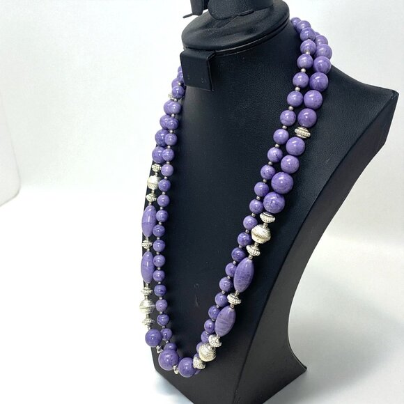 Double Strand Purple Beaded Necklace with Silver Accents Vintage-Inspired 25"L - Picture 2 of 5